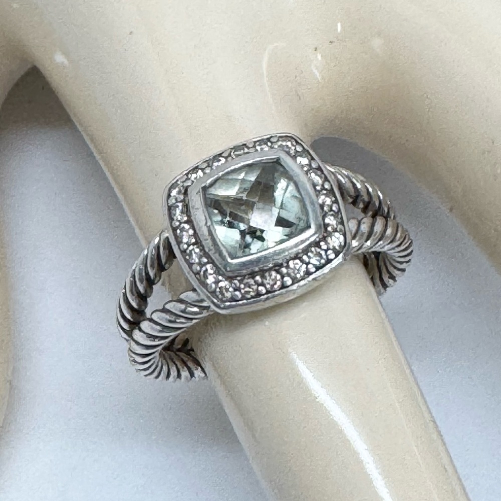 David Yurman Petite Albion Prasiolite Diamond Ring .925 Sterling Silver Sz 7